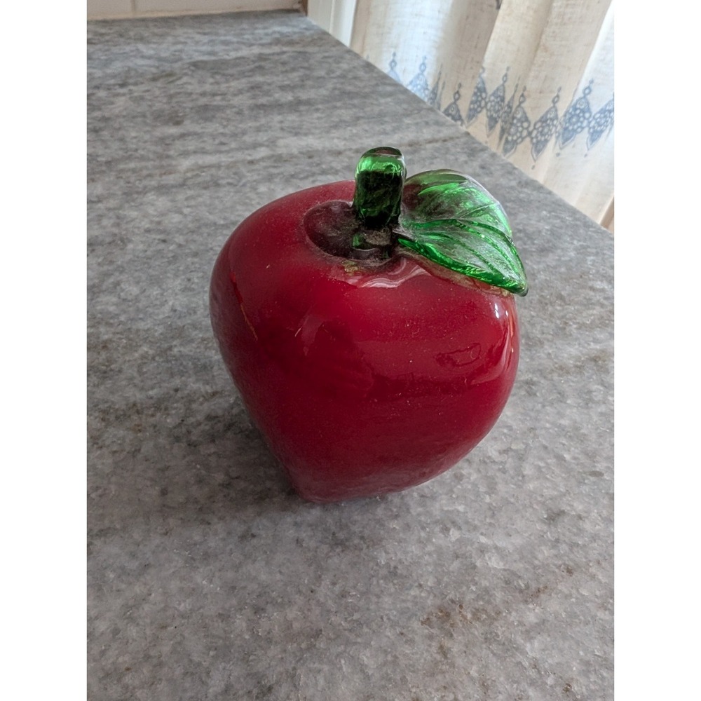 Red Glass Apple Paperweight w/Applied Green Glass Stem & Leaf